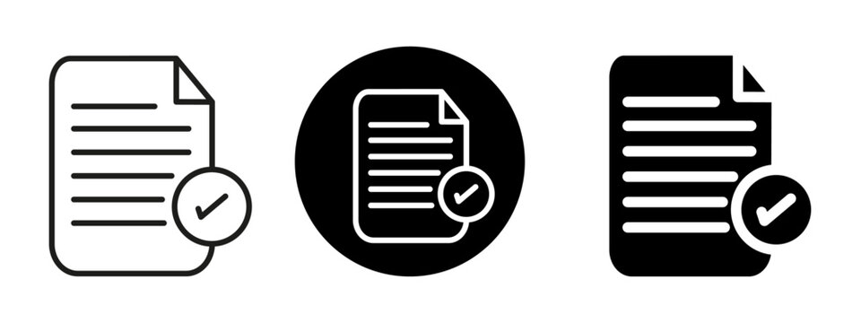 Black and white editable permit icon, permit document sheets icon, Three different types of paper with a check mark on them