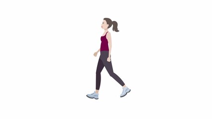 4k, Looped animation of a cartoon woman character walking in casual clothes. Perfect for presentations, websites. Alpha channel is enabled.