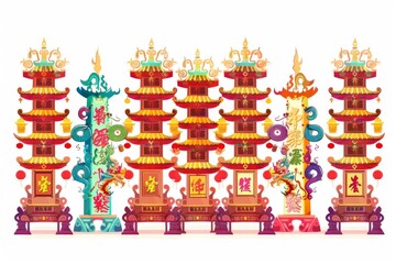 A stunning row of meticulously crafted bun towers, adorned with auspicious symbols, towering against a clear white background at the vibrant Bun Festival in Hong Kong.