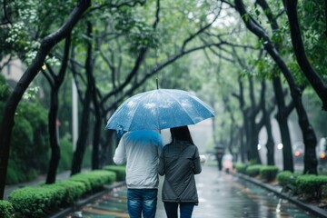 a couple walking together sharing an umbrella together on a rainy day