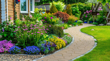 Obraz premium Beautiful backyard English cottage garden with green lawn and flower beds