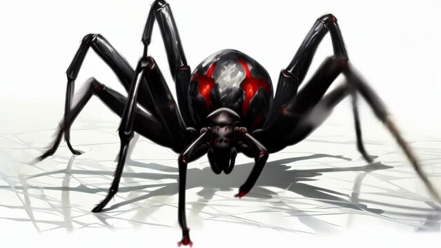 A Black widow spider with red marks on its black body stands out against a white backdrop