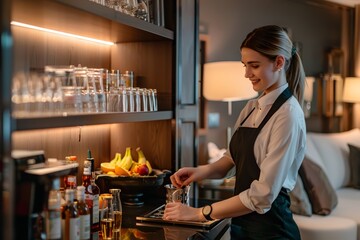 Professional Chambermaid Restocking Minibar in Modern Hotel Suite with Stylish Lounge Area