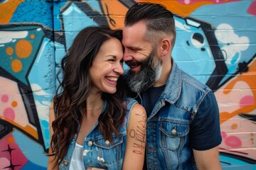 Portrait of a happy couple in their 30s wearing a rugged jean vest in colorful graffiti wall