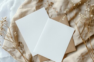 flat lay mockup of two blank white paper cards on beige table with kraft envelope and dry flowers, aesthetic background. mockup template for wedding invitation or business presentation design.