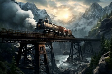 Classic locomotive crosses a wooden bridge amidst majestic mountains and rising sun