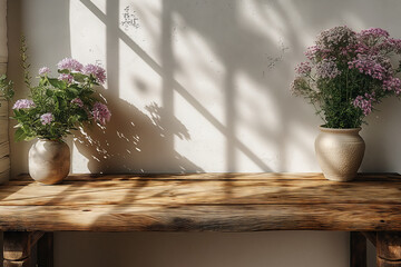 A brown and empty wooden table in front of a white wall. Generative AI