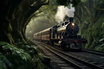 Classic steam train travels through an enchanting misty woodland - Powered by Adobe