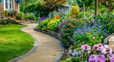 Obraz premium Beautiful backyard English cottage garden with green lawn and flower beds