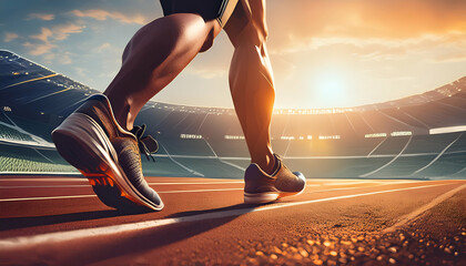 Athlete on track preparing for a race in a stadium at sunset. Sports training and fitness concept with focus on determination and perseverance.