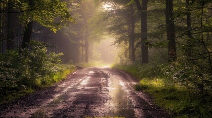 Obraz premium A Misty Morning Path Through the Woods