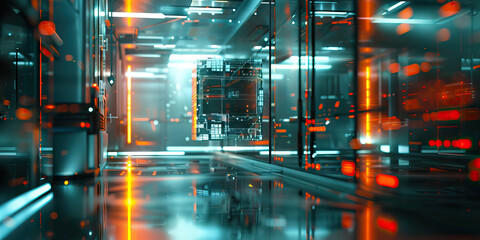 The Holographic Hall of Mirrors: A futuristic room, filled with reflective surfaces and a floating hologram