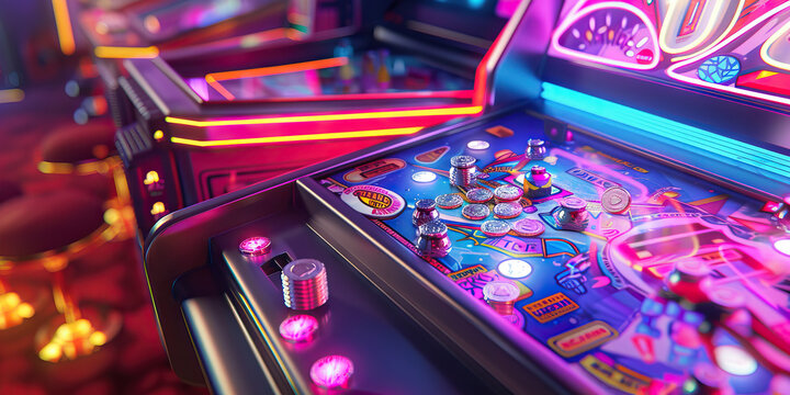 The Glowing Gameboard: An arcade machine, lit up by a neon sign and surrounded by quarters and tokens