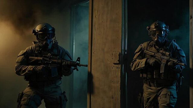 Two Team Members with Rifles Entering a Room