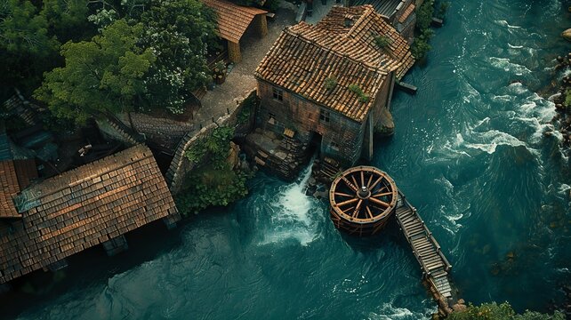 a bird's eye view of a watermill in a beautiful environment for sustainable energy, generated by AI