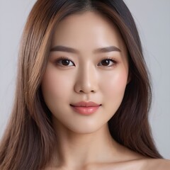 Naklejka premium Pretty Asian beauty woman long hair with japanese makeup glowing face and healthy facial skin portrait smile on isolated white background
