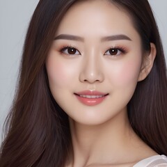 Obraz premium Pretty Asian beauty woman long hair with japanese makeup glowing face and healthy facial skin portrait smile on isolated white background