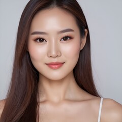 Naklejka premium Pretty Asian beauty woman long hair with japanese makeup glowing face and healthy facial skin portrait smile on isolated white background