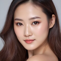 Fototapeta premium Pretty Asian beauty woman long hair with japanese makeup glowing face and healthy facial skin portrait smile on isolated white background