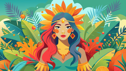 Beautiful girl in boho style on tropical leaves bacjground