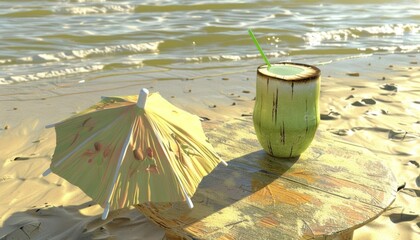 3D model of a coconut drink with a straw and umbrella on a beach table
