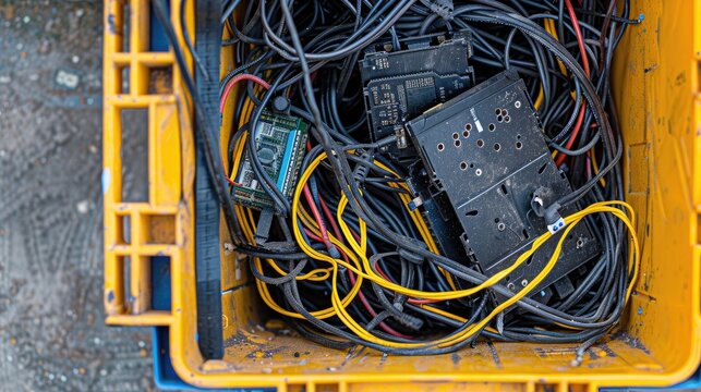 A Tangled Web of Wires in a Yellow Container - Powered by Adobe
