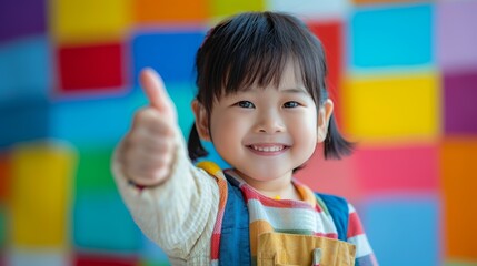 Smiling child giving thumbs-up gesture with colorful background, showcasing joy and positivity in a playful and vibrant setting.