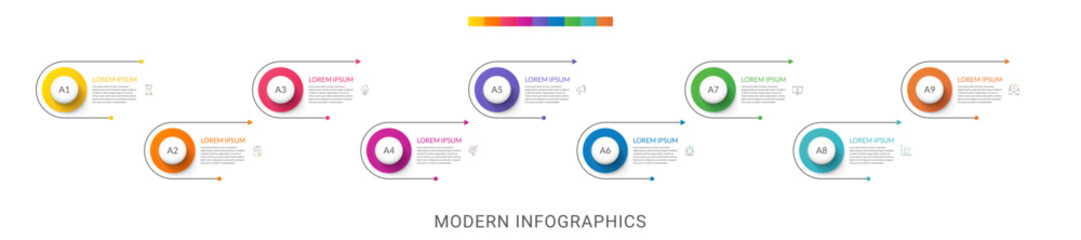 9 step arrows vector infographic. Modern and line infographics business timeline with related circle shapes, colors, icons. Visualization for business presentation, banner, workflow layout, chart