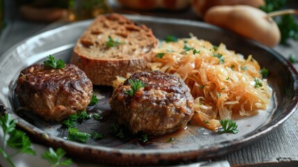 Fototapeta premium Grilled meatballs with caramelized onions and toast on a plate. Close-up culinary photography.