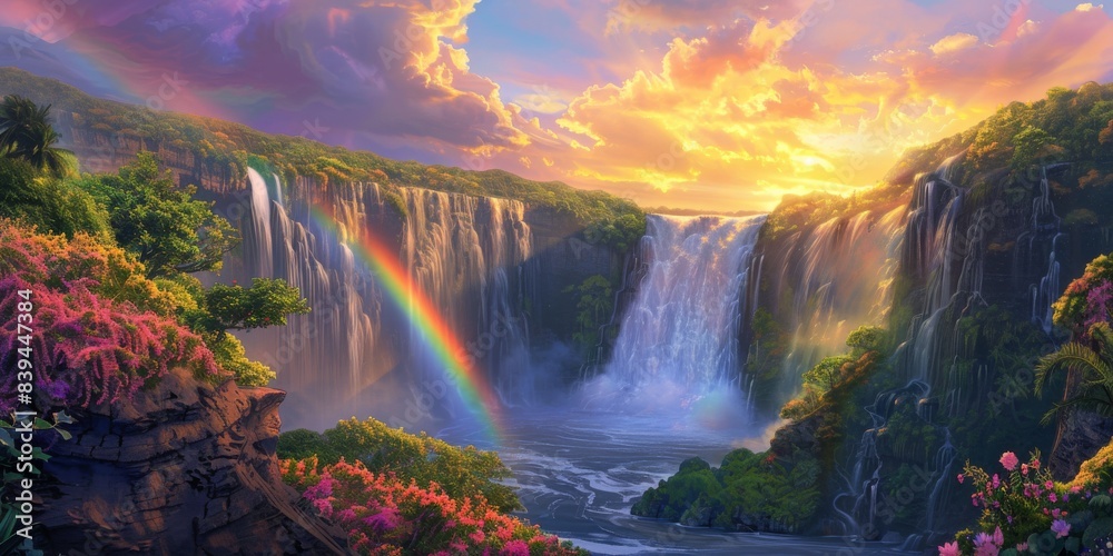 Sticker Rainbow and waterfall scene in a serene atmosphere