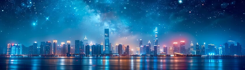 Fototapeta premium Enhance details and colors of this photo of a night cityscape with a starry night sky and a river in the foreground reflecting the city lights