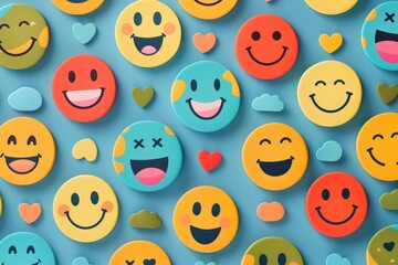 Obraz premium Colorful Assortment of Emoji Badges Spread on Blue Background