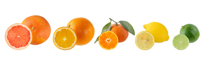 Citrus fruits collection. Set of fresh juicy grapefruit, orange, tangerine, lemon and lime fruits isolated on white background.