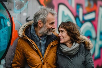 Obraz premium Portrait of a satisfied couple in their 50s wearing a warm parka isolated in colorful graffiti wall