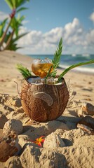 model of a tropical drink in a coconut on the beach