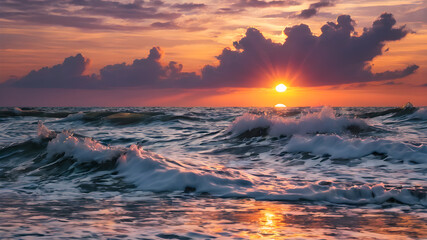 Sunset With Sea Waves Generative AI