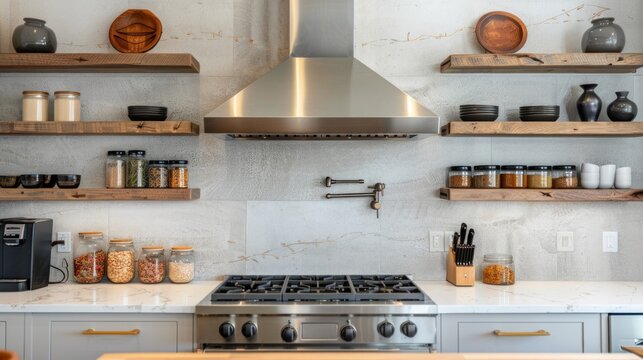 Elegant kitchen interior with modern range hood over cooktop and stylish furniture