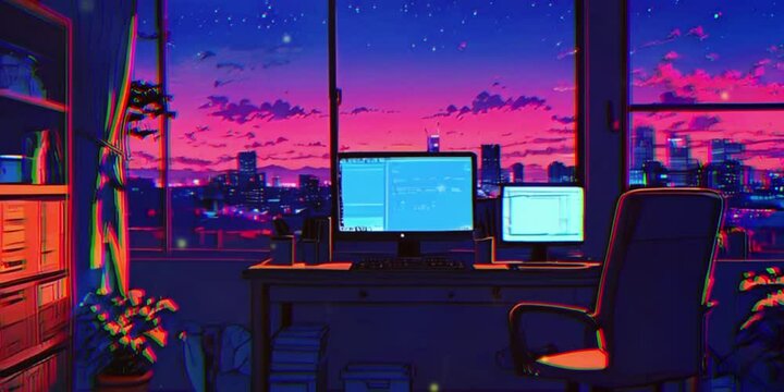 Lofi cozy room with computer at night and city view, cyan purple colors manga style, loop animation, virtual backgrounds, stream overlay, wallpaper. interior, vtuber asset zoom OBS screen, chill anime