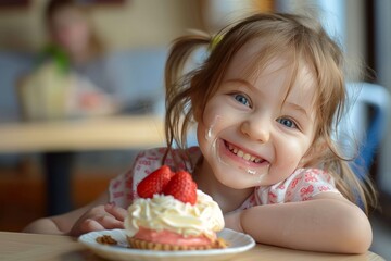 child happily eating dessert with a smile and smeared face