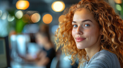 Fototapeta premium smiling woman with curly hair in an office