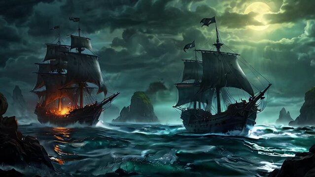 Two Pirate Ships Sailing Under a Full Moon with a Burning Ship in the Background
