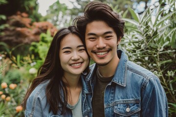 Portrait of a grinning asian couple in their 20s sporting a rugged denim jacket isolated in lush green garden