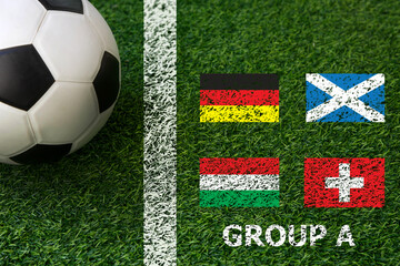 European football cup tournament; Group A stage; soccer ball on green grass with national flag