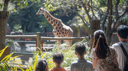 Excited Children on Colorful Zoo Trip on Children's Day with Parents as Guides
