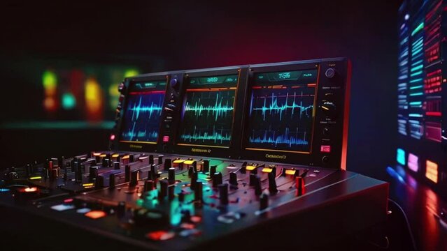 Futuristic VU DJ booth meters with holographic displays and electric blue lighting effects, Sound wave equalizer Modern Audio music voice talking, radio signals, seamless loop Animation