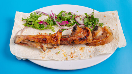 Mutton kebab on plate top view