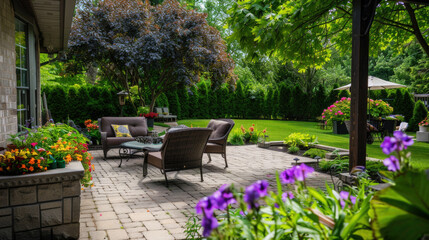 Beautiful backyard landscape design, cozy patio area with flowers, grass, hedges, and a sitting area 