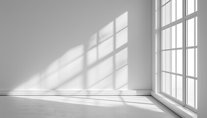 Obraz premium White windows with sunlight and shadows on the white wall. Empty modern apartment in minimalistic style with copy space for product or text.