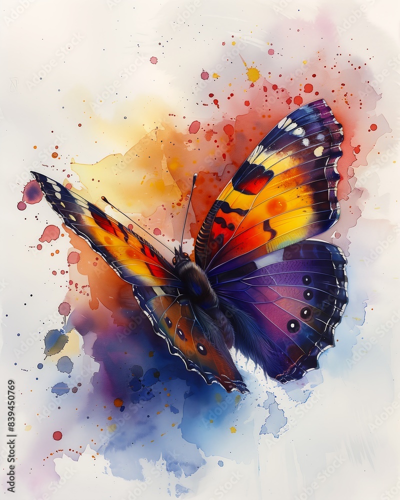 Wall mural brightly colored butterfly orange purple wings color splashes red blue shapes mate smeared watercolors female floating