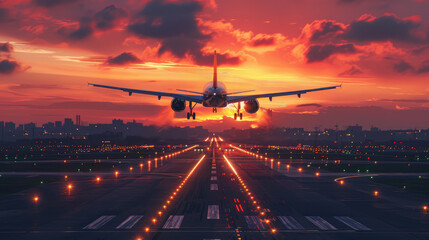 airplane landing at sunset